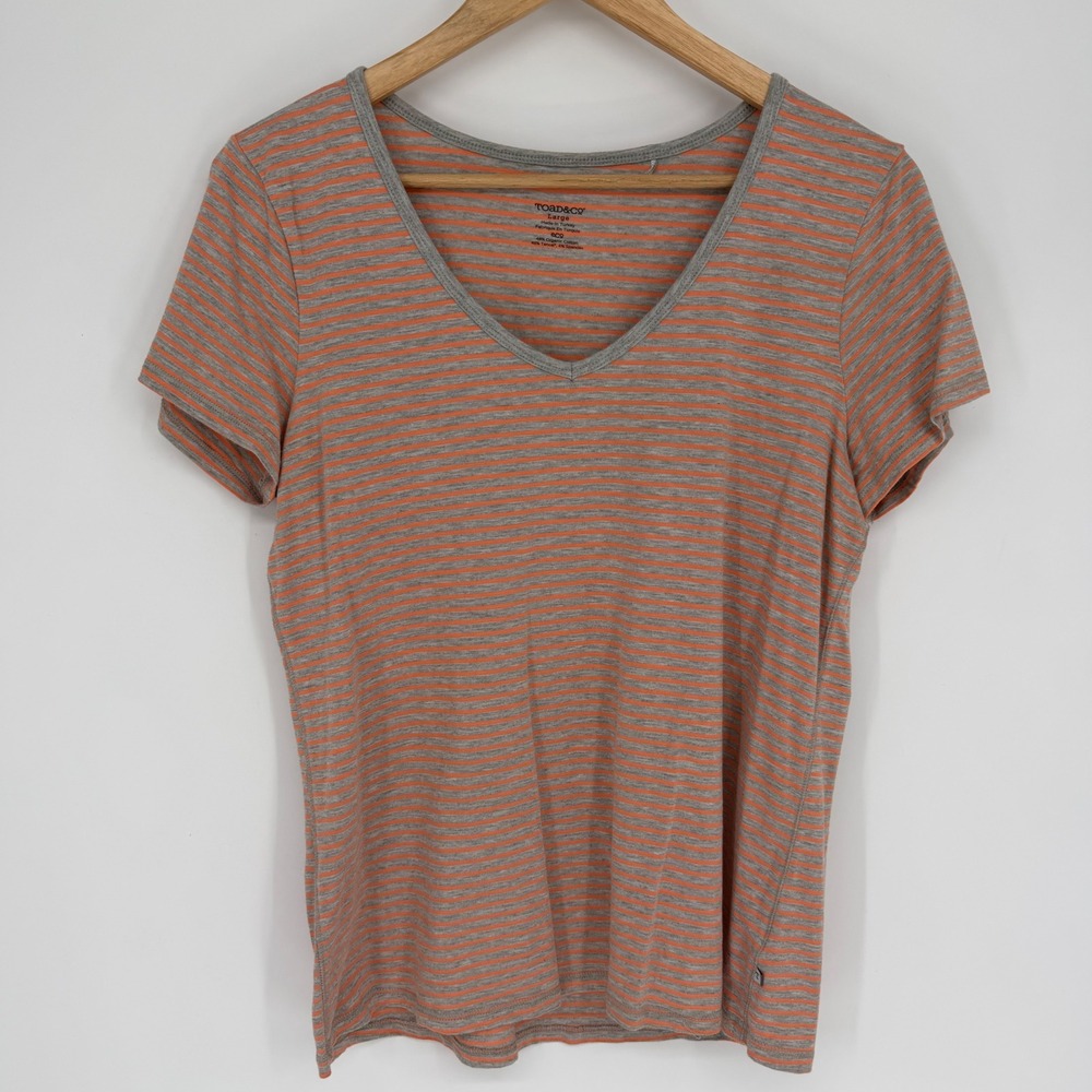 Toad&Co Marley SS Tee Orange Grey Striped V-Neck Organic Cotton Tencel Large